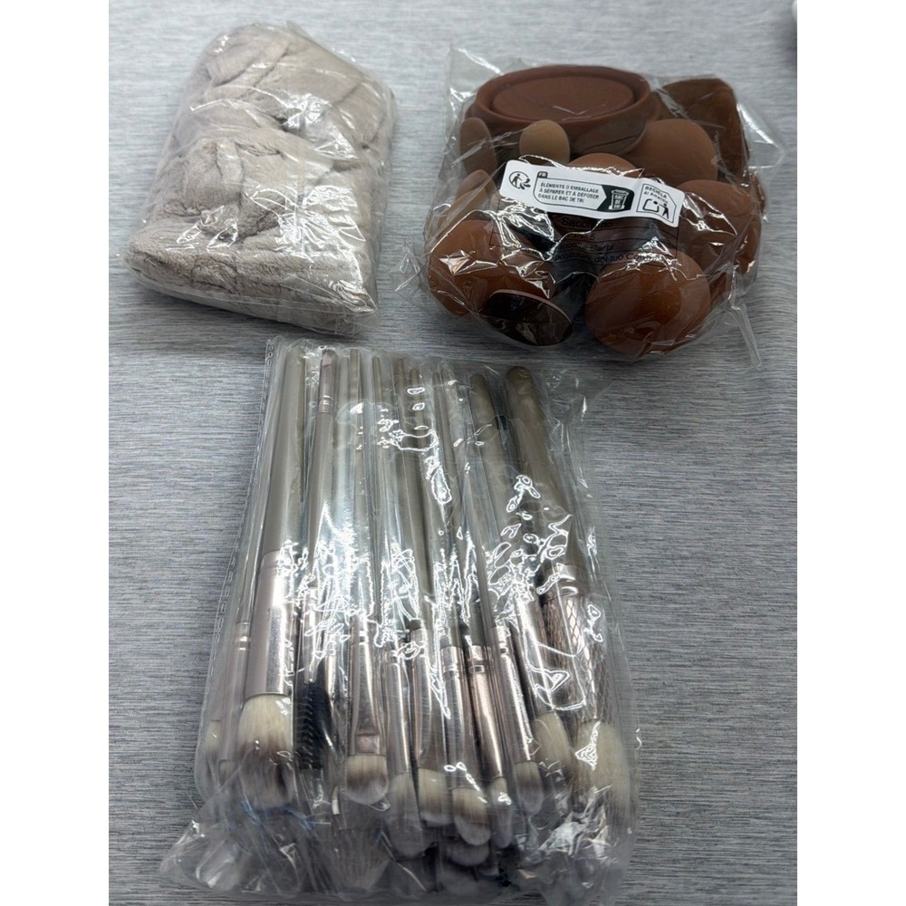 54pc Makeup Brush and Sponge Set with Spa Headband Taupe Brown All in 1 Kit